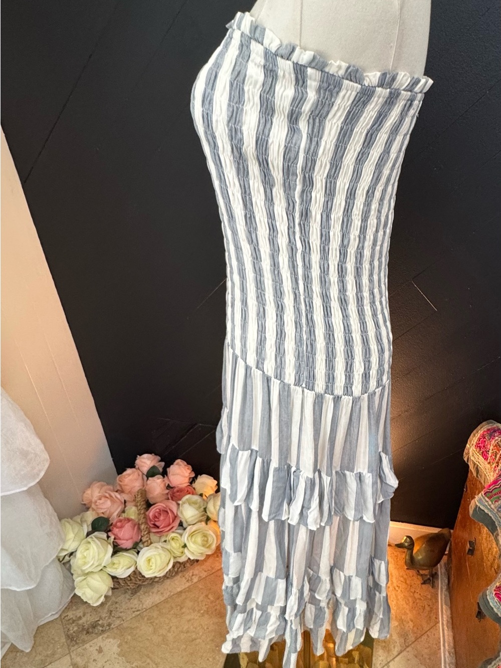 NWT Victoria’s Boutique Blue & White Striped Off-the-Shoulder Smocked Dress - Picture 6 of 14
